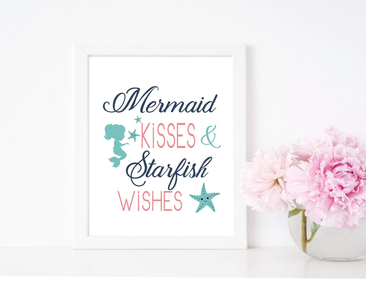 Kisses And Wishes | Mermaid and Starfish nursery art print baby nursery bedroom decor