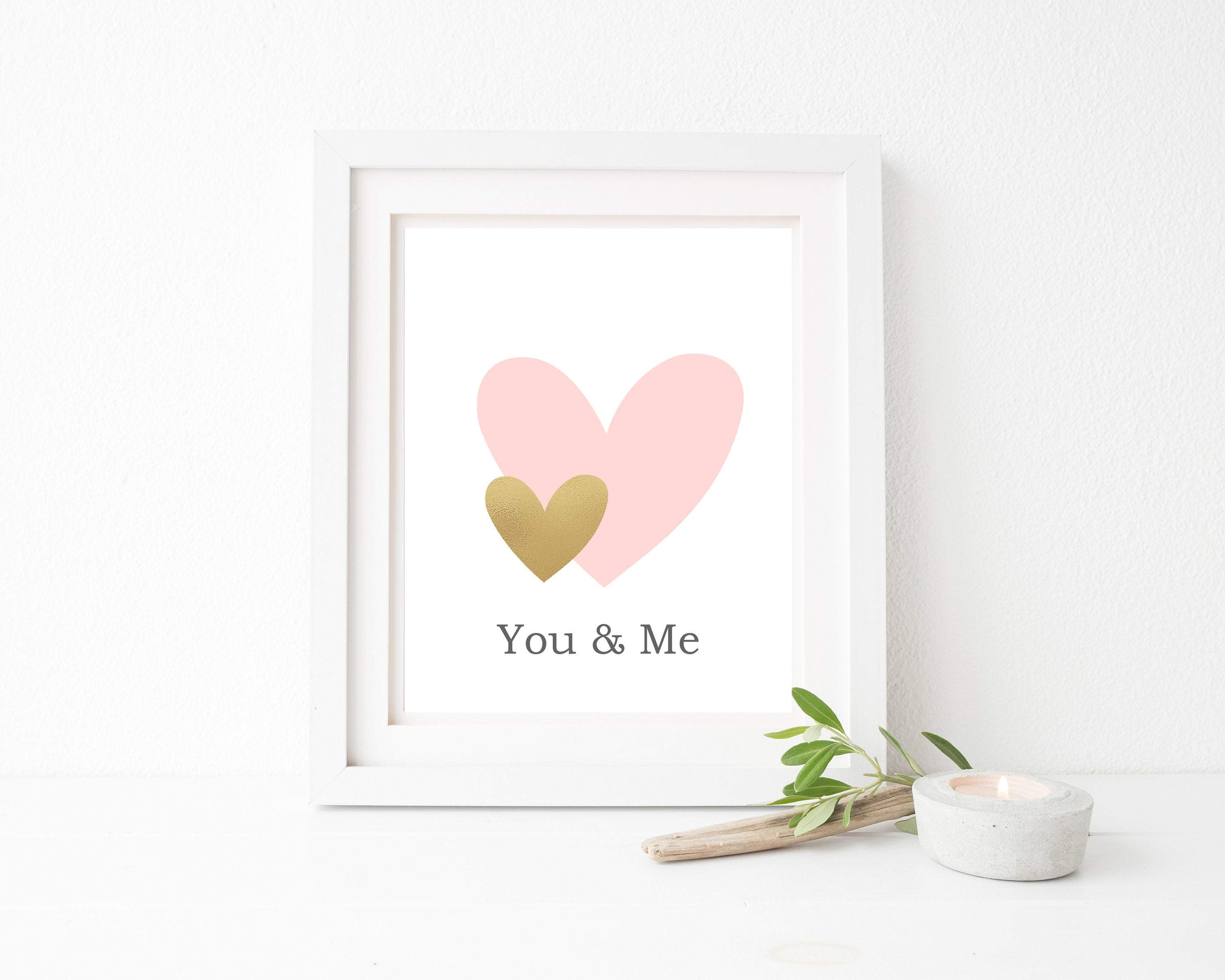 Love heart picture, You and Me love quote, Love art, Wedding poster, wedding gift, Love wall art, Pink and gold hearts   - H1555 nursery art print baby nursery bedroom decor