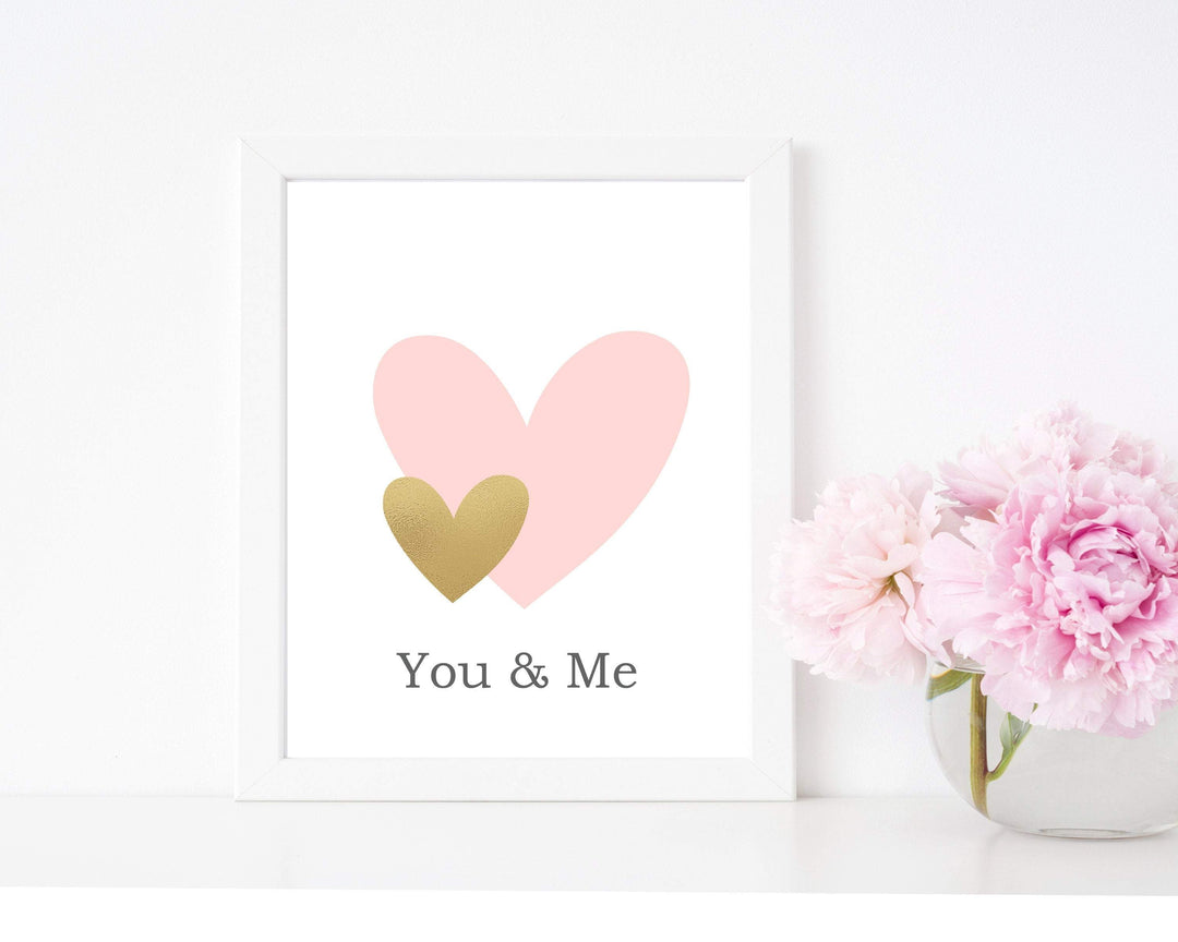 Love heart picture, You and Me love quote, Love art, Wedding poster, wedding gift, Love wall art, Pink and gold hearts   - H1555 nursery art print baby nursery bedroom decor