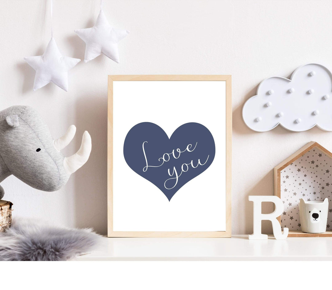 Love you Quote in a Blue Heart nursery art print baby nursery bedroom decor