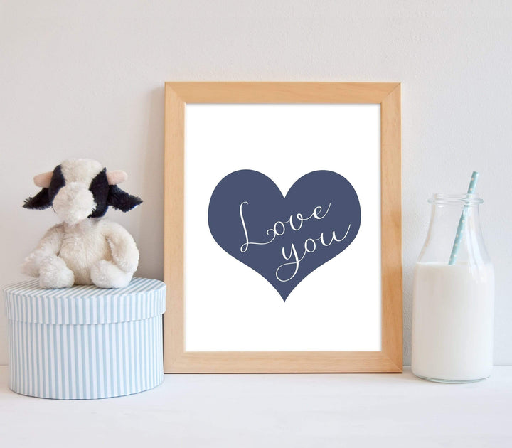 Love you Quote in a Blue Heart nursery art print baby nursery bedroom decor