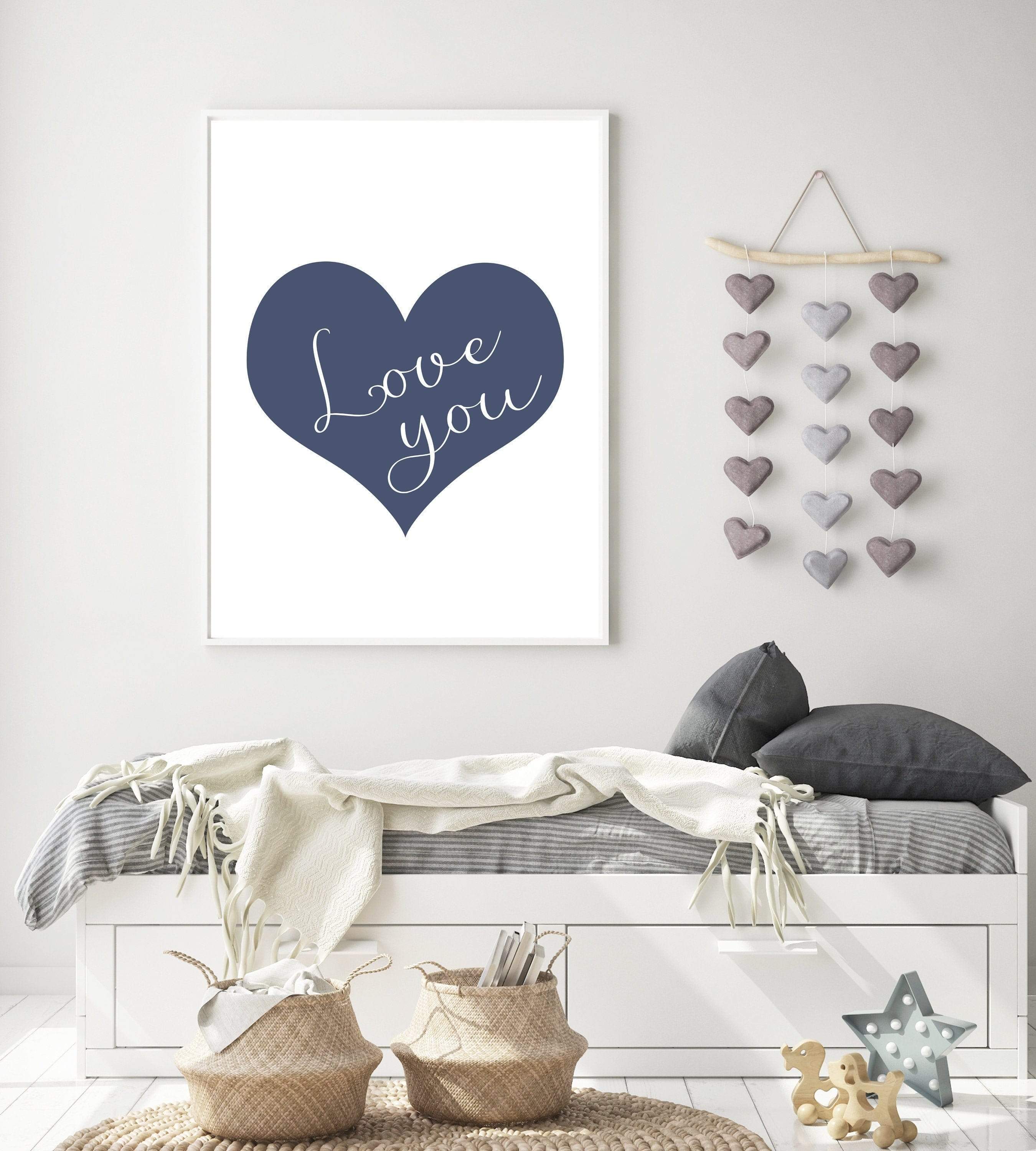 Love you Quote in a Blue Heart nursery art print baby nursery bedroom decor
