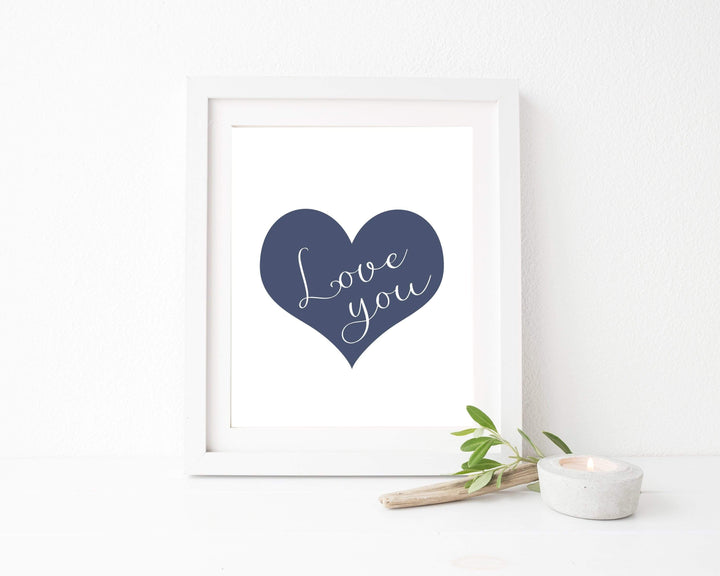 Love you Quote in a Blue Heart nursery art print baby nursery bedroom decor