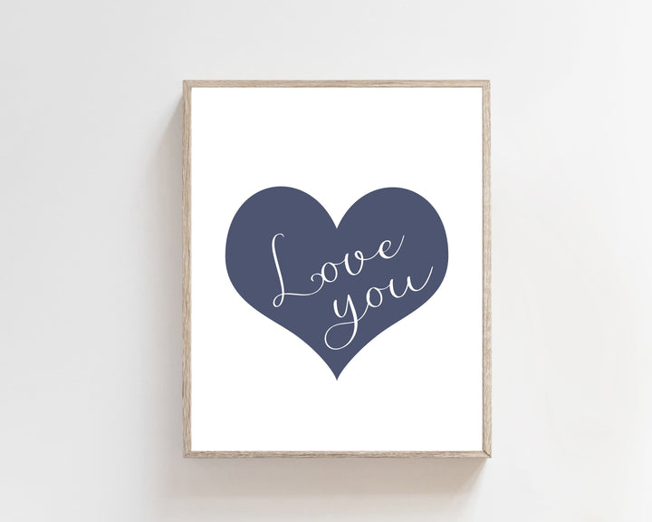 Love you Quote in a Blue Heart nursery art print baby nursery bedroom decor