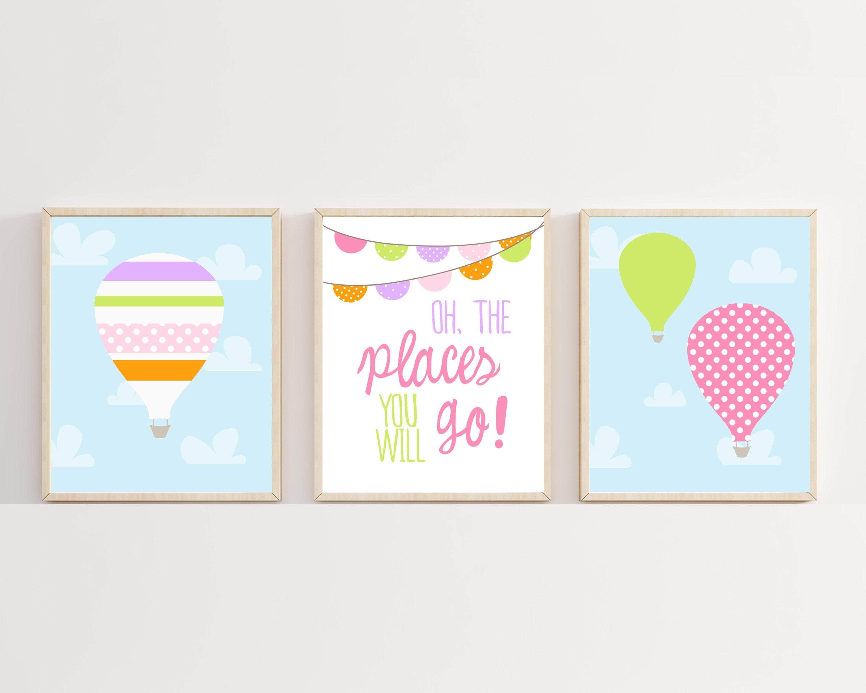 Oh the places you will go art print. Set of 3 pictures with balloons nursery art print baby nursery bedroom decor