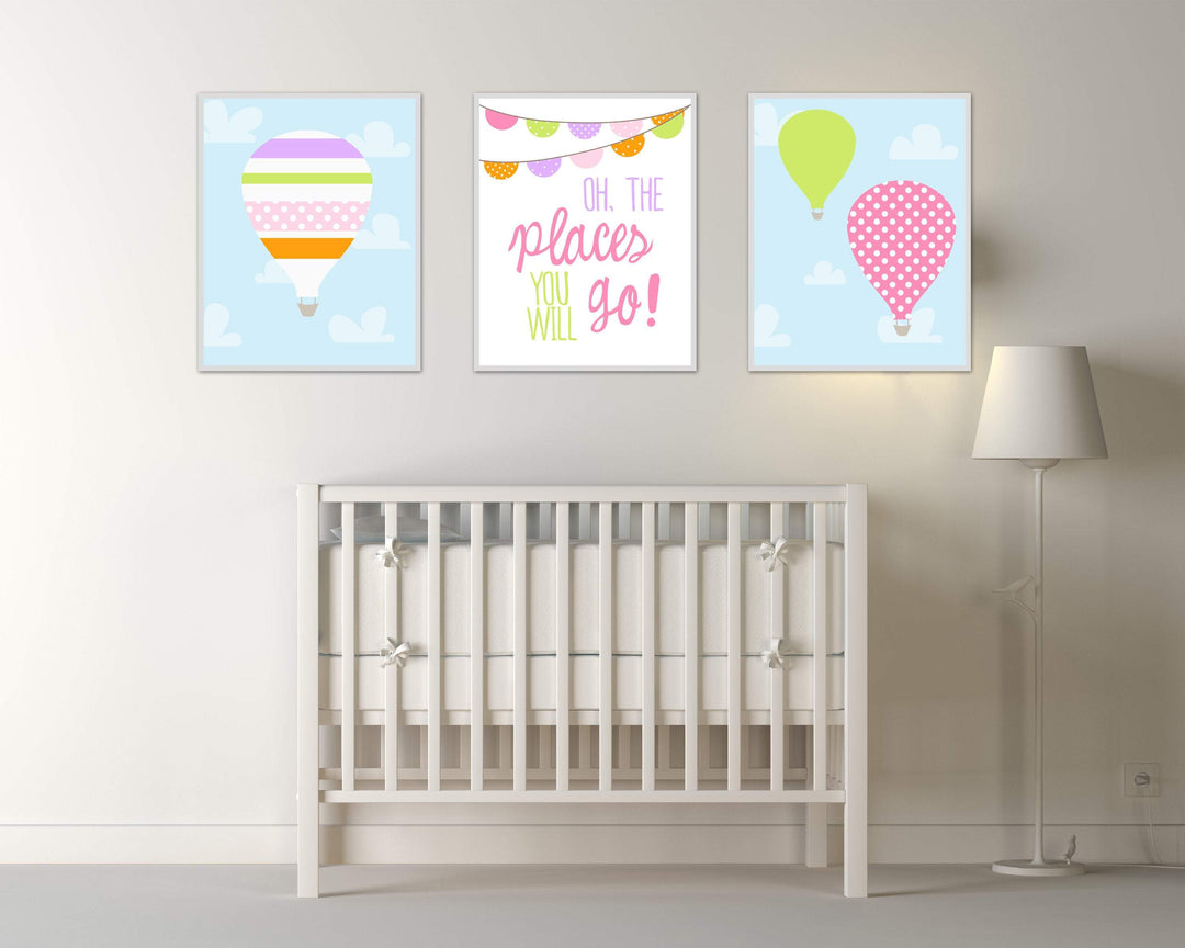 Oh the places you will go art print. Set of 3 pictures with balloons nursery art print baby nursery bedroom decor
