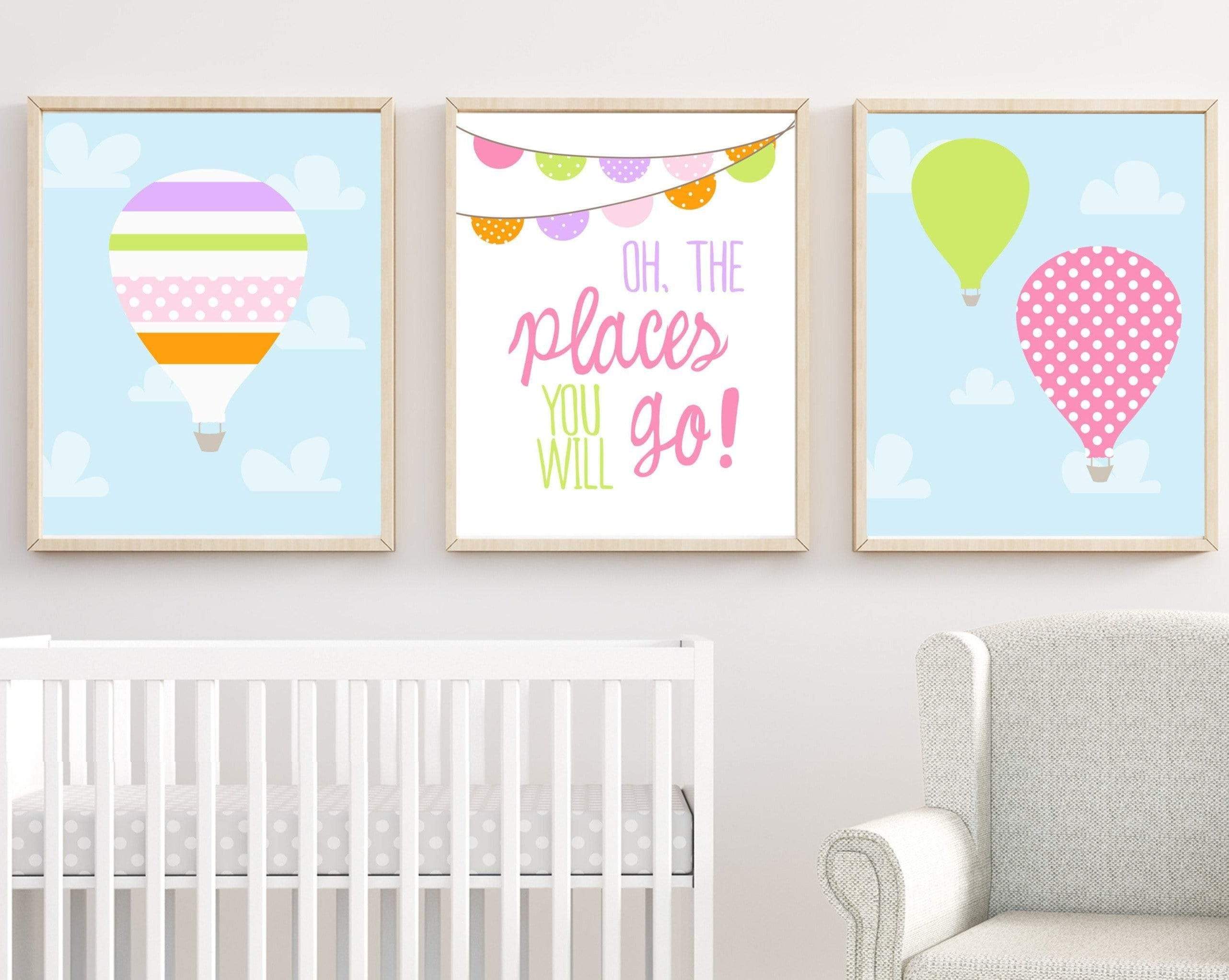 Oh the places you will go art print. Set of 3 pictures with balloons nursery art print baby nursery bedroom decor