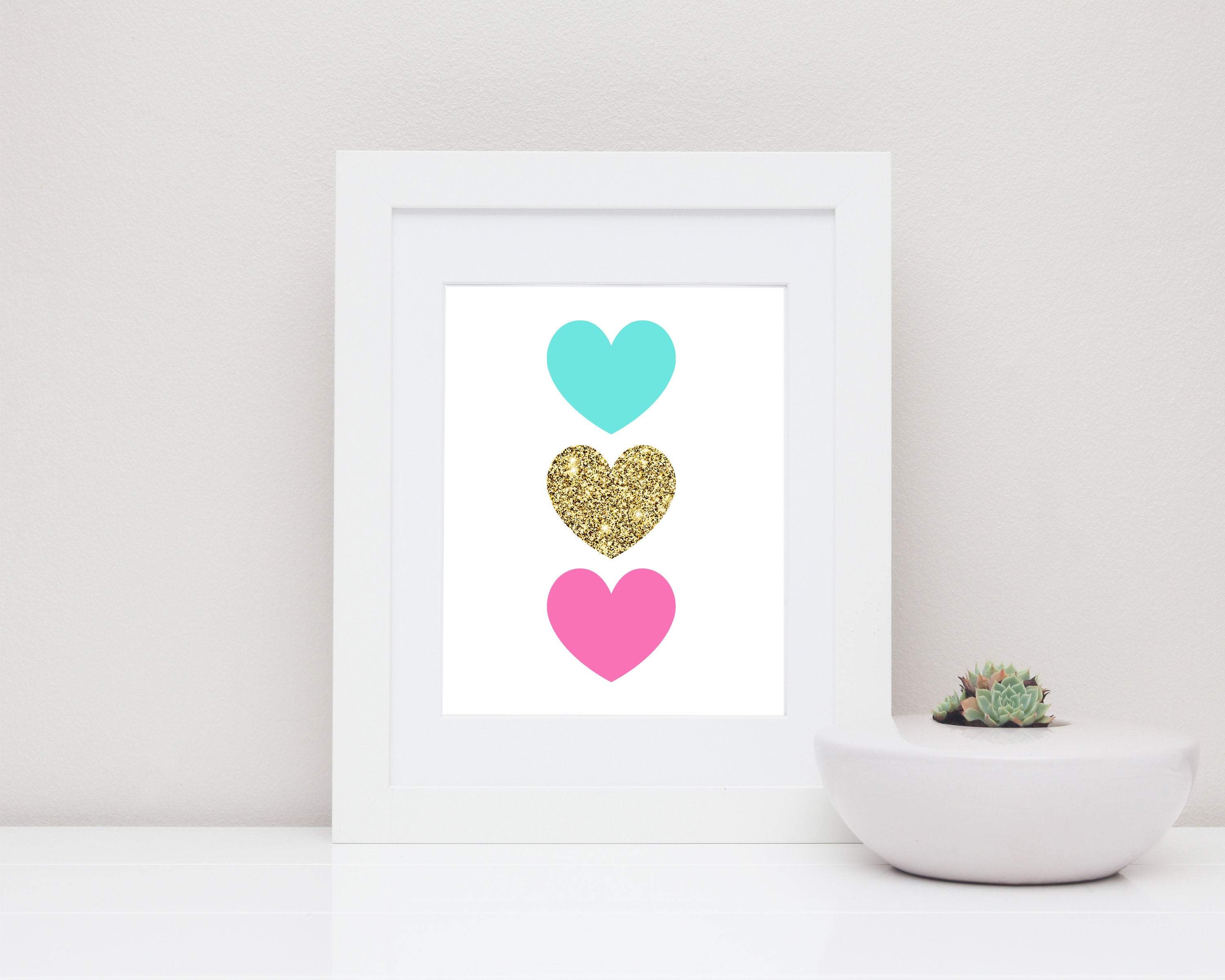 Pink and Gold Heart wall art print, Baby Girl printable wall art, Featured in Gold and Pink, Heart printable art, instant download - H1525 nursery art print baby nursery bedroom decor