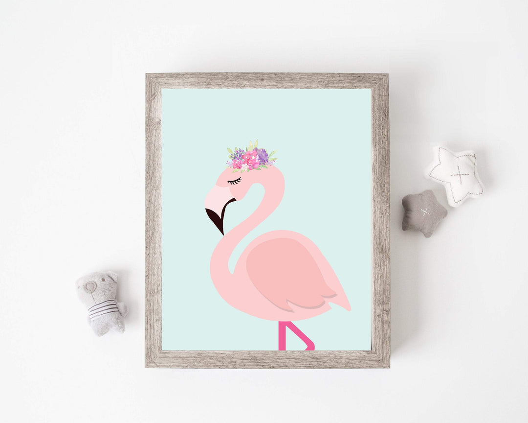Pink Flamingo wall art - Flamingo print - Flower crown - Girls room wall art - Nursery art - Girls wall decor  -H1721 nursery art print baby nursery bedroom decor