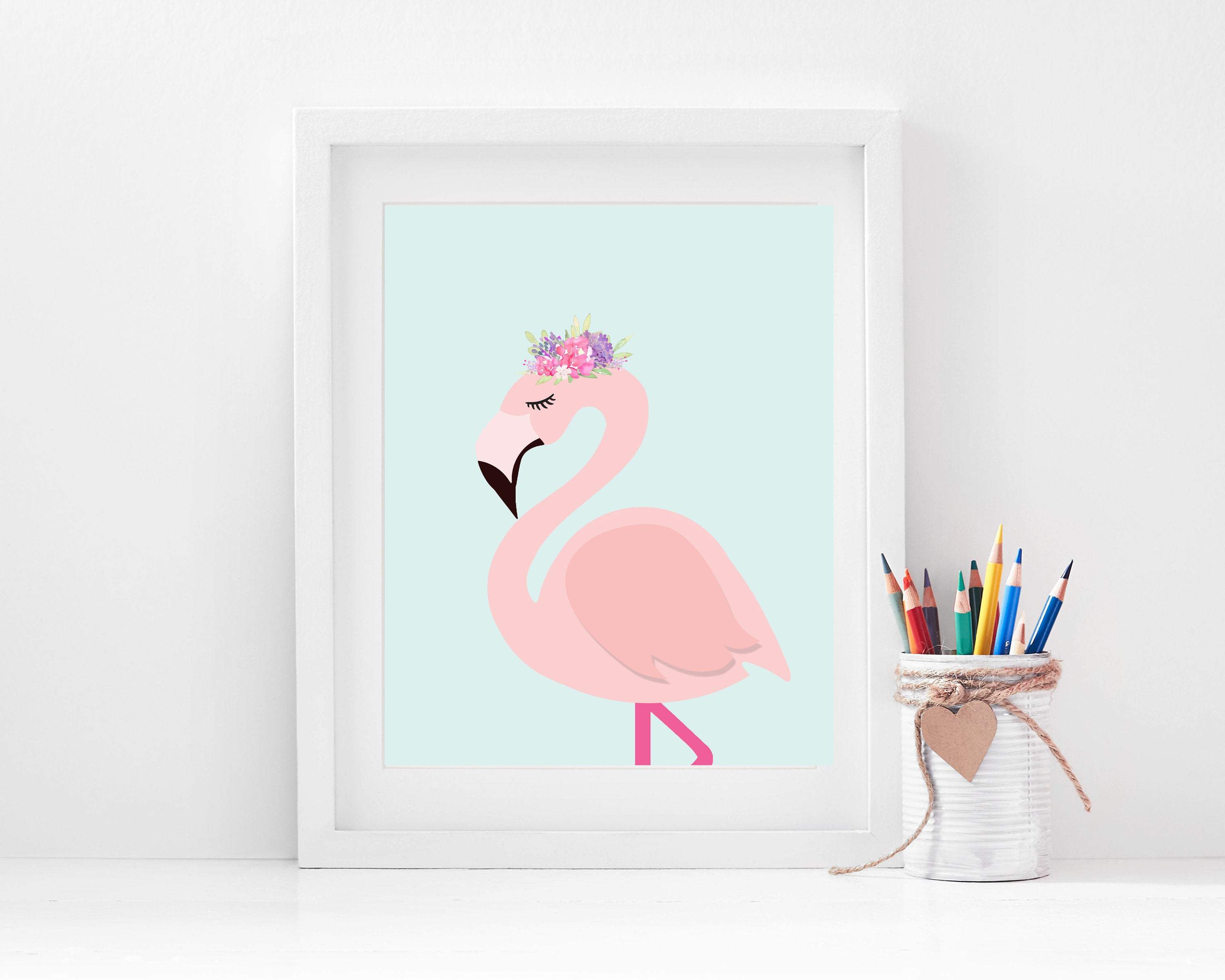 Pink Flamingo wall art - Flamingo print - Flower crown - Girls room wall art - Nursery art - Girls wall decor  -H1721 nursery art print baby nursery bedroom decor
