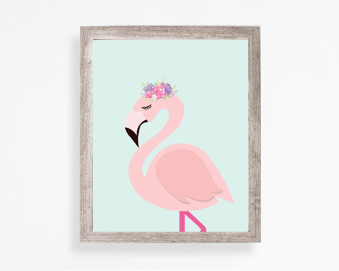 Pink Flamingo wall art - Flamingo print - Flower crown - Girls room wall art - Nursery art - Girls wall decor  -H1721 nursery art print baby nursery bedroom decor