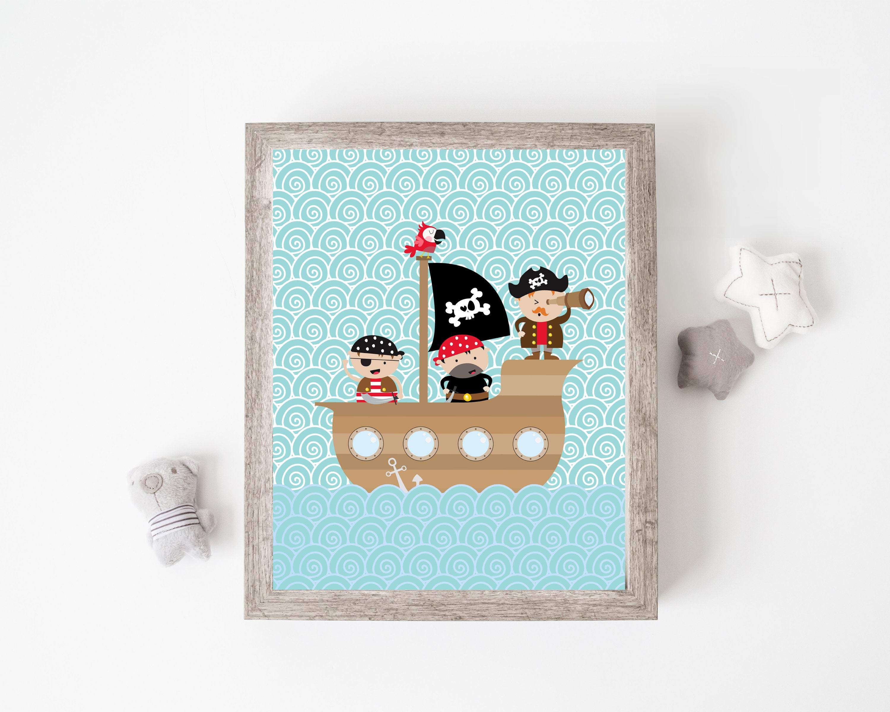 Pirates on a Pirate Ship Sailing nursery art print baby nursery bedroom decor