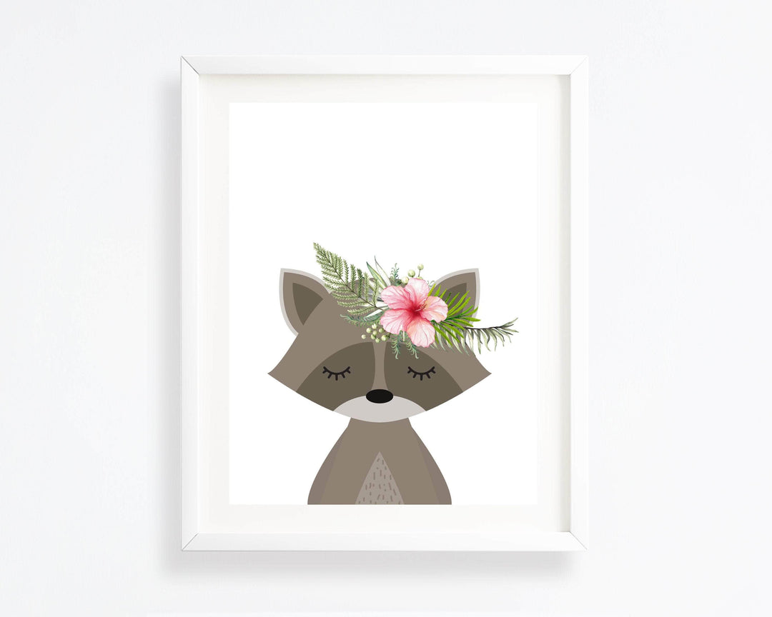 Raccoon print - Woodland nursery - Woodland decor - Nursery animals - Printable nursery art - Nursery wall art - Flower crown animals nursery art print baby nursery bedroom decor