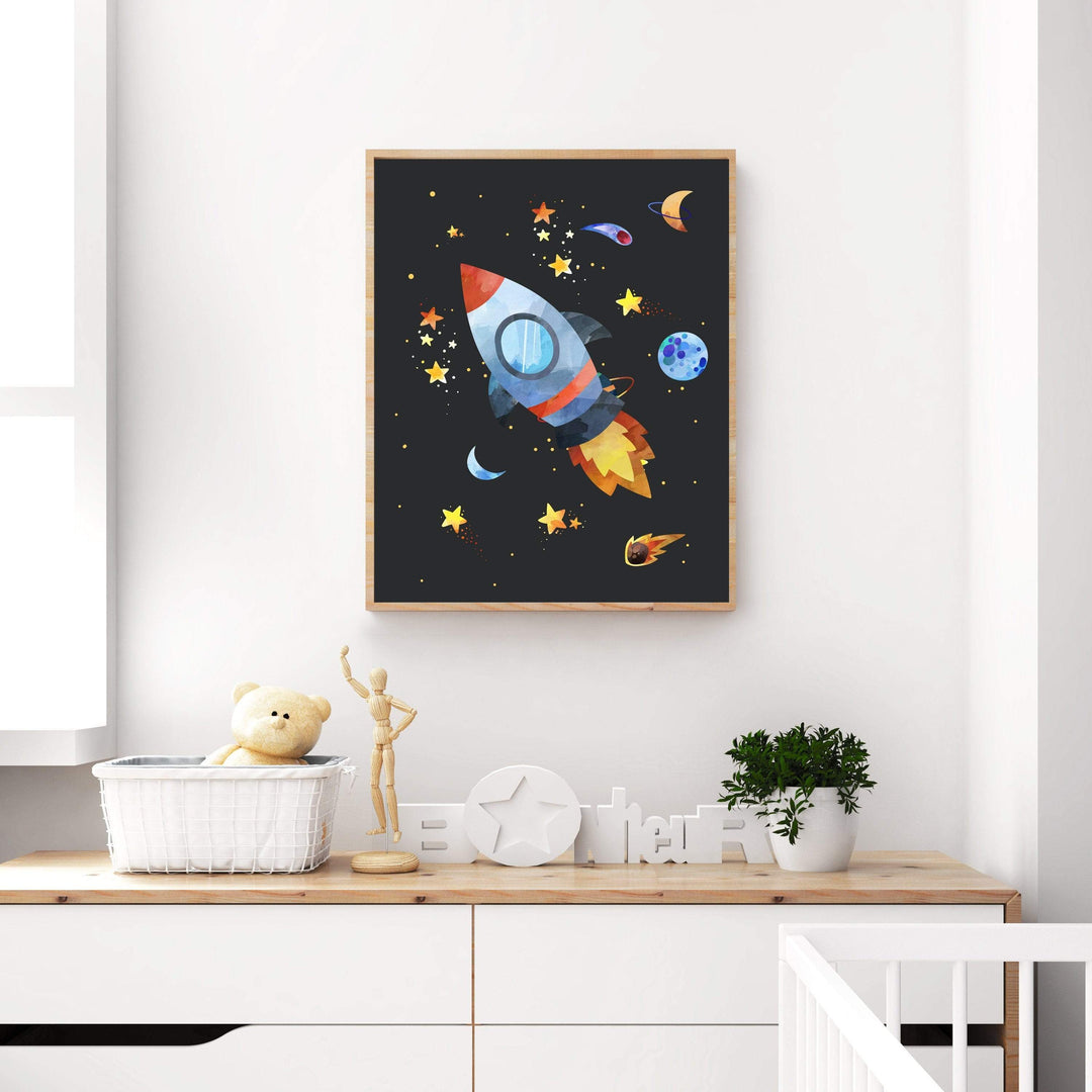 Rocket Ship in Space nursery art print baby nursery bedroom decor