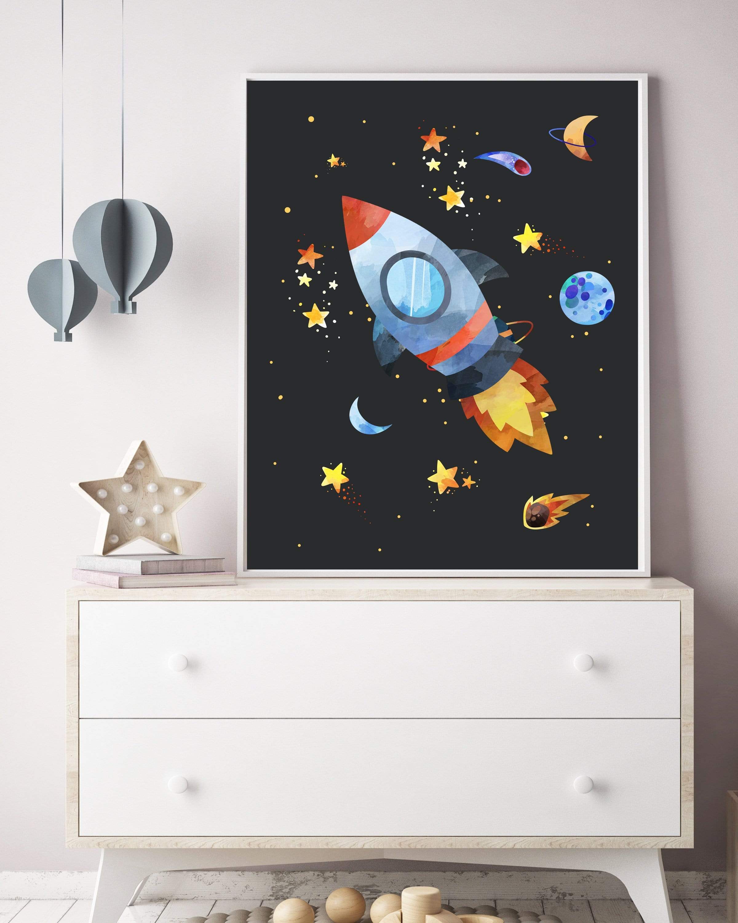 Rocket Ship in Space nursery art print baby nursery bedroom decor