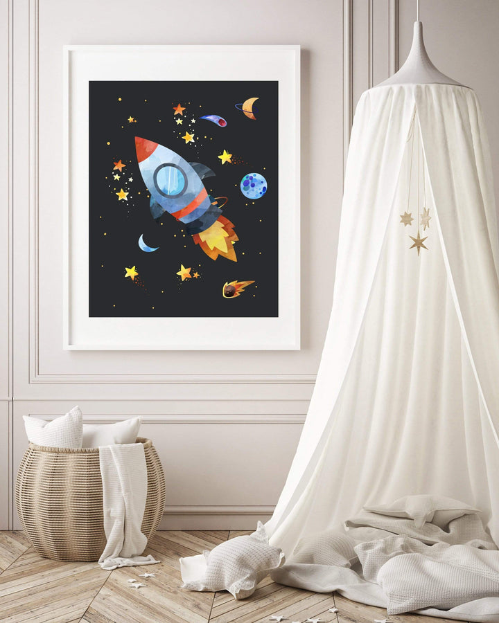 Rocket Ship in Space nursery art print baby nursery bedroom decor