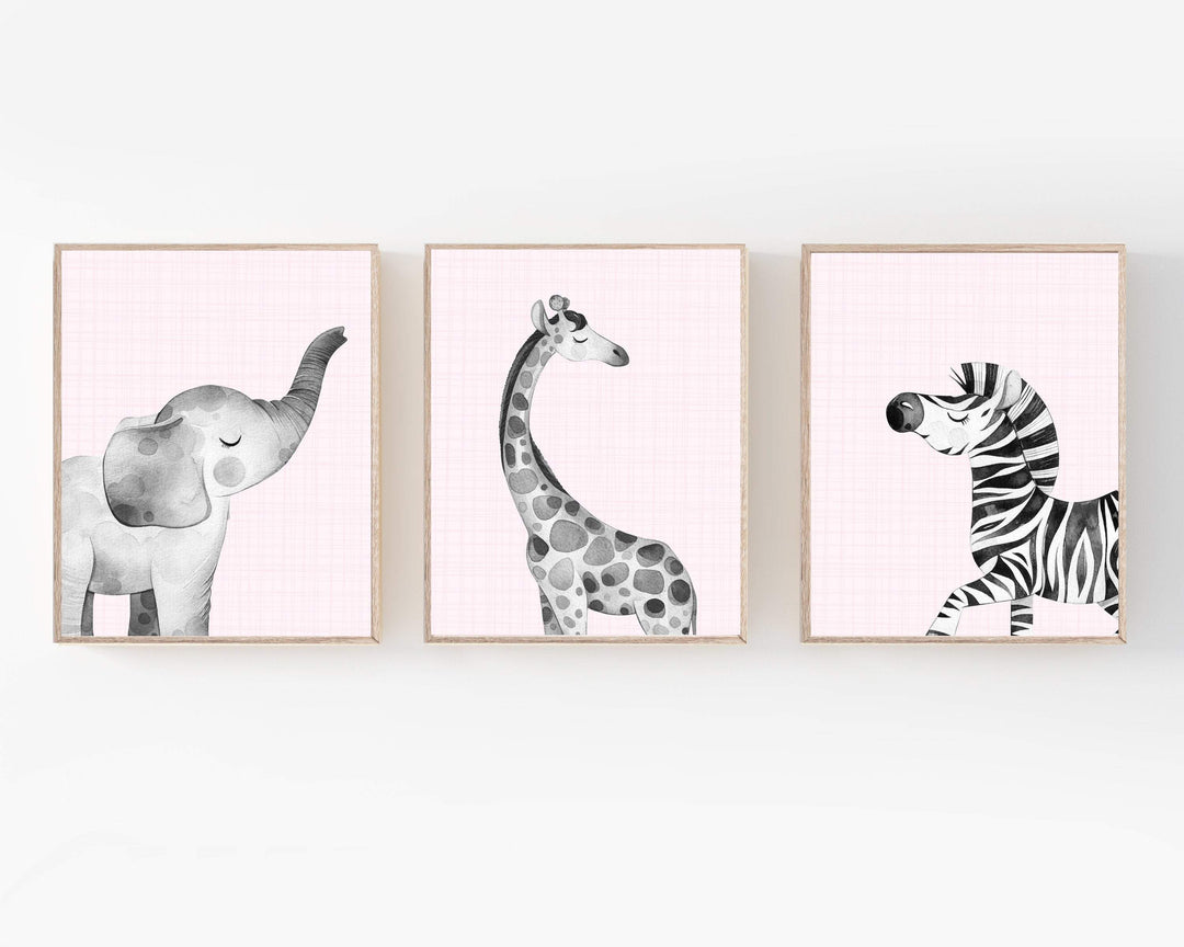 Safari animal prints - Jungle nursery wall art - Printable jungle art - Pink safari animals - Girls safari nursery - Girl animal wall art nursery art print baby nursery bedroom decor