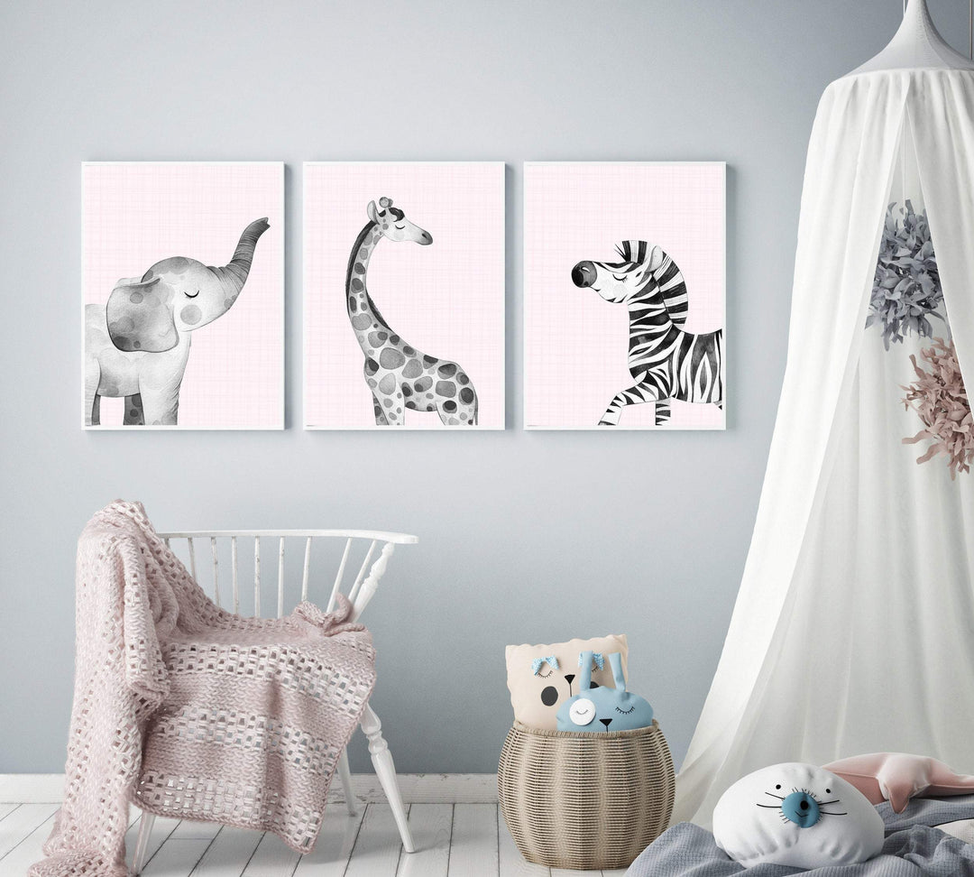 Safari animal prints - Jungle nursery wall art - Printable jungle art - Pink safari animals - Girls safari nursery - Girl animal wall art nursery art print baby nursery bedroom decor