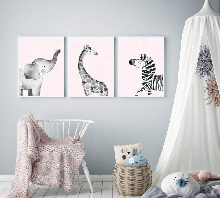 Safari animal prints - Jungle nursery wall art - Printable jungle art - Pink safari animals - Girls safari nursery - Girl animal wall art nursery art print baby nursery bedroom decor