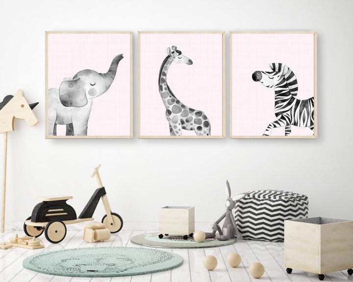 Safari animal prints - Jungle nursery wall art - Printable jungle art - Pink safari animals - Girls safari nursery - Girl animal wall art nursery art print baby nursery bedroom decor