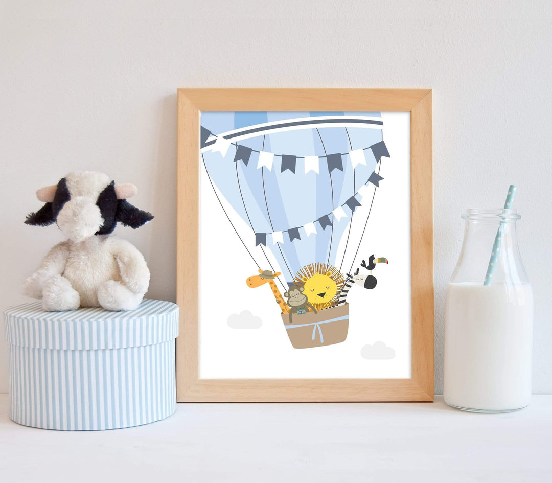 Safari Animals in a Hot air balloon nursery art print baby nursery bedroom decor