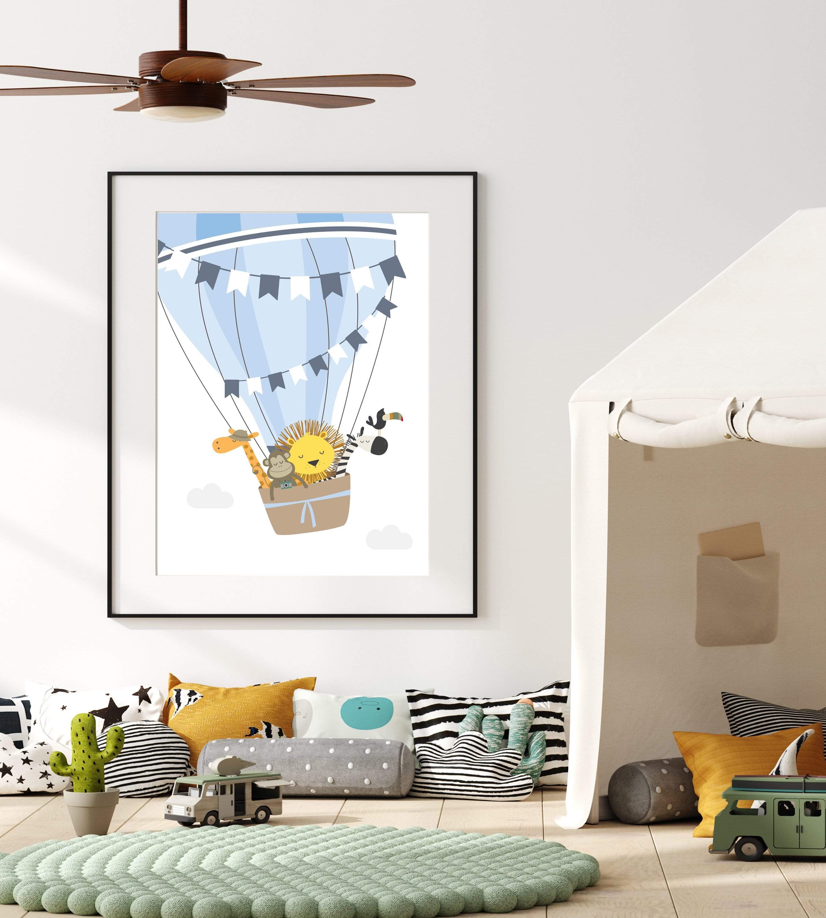 Safari Animals in a Hot air balloon nursery art print baby nursery bedroom decor