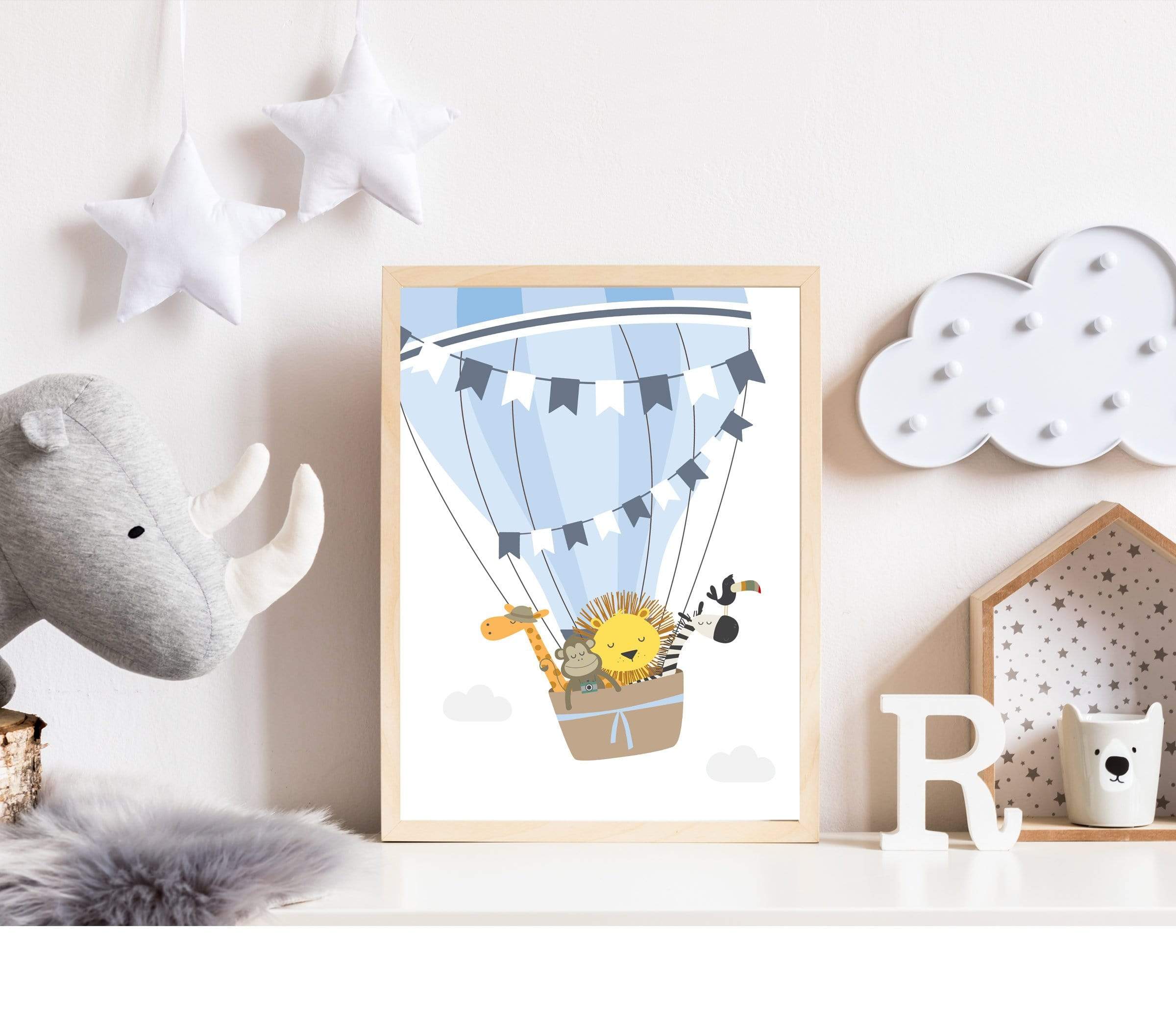 Safari Animals in a Hot air balloon nursery art print baby nursery bedroom decor