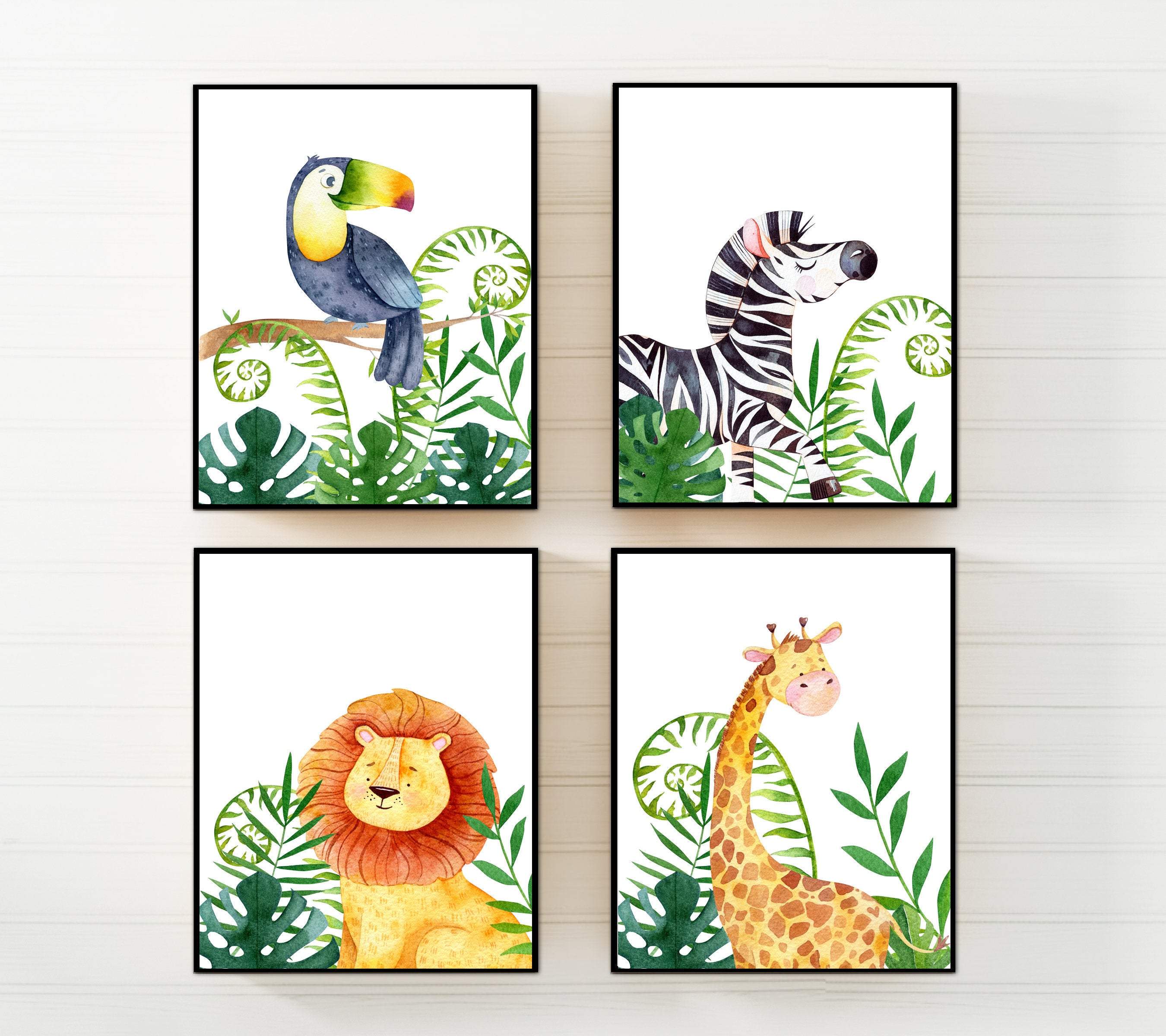 Safari Animals in the jungle Print | Set of 4 nursery art print baby nursery bedroom decor