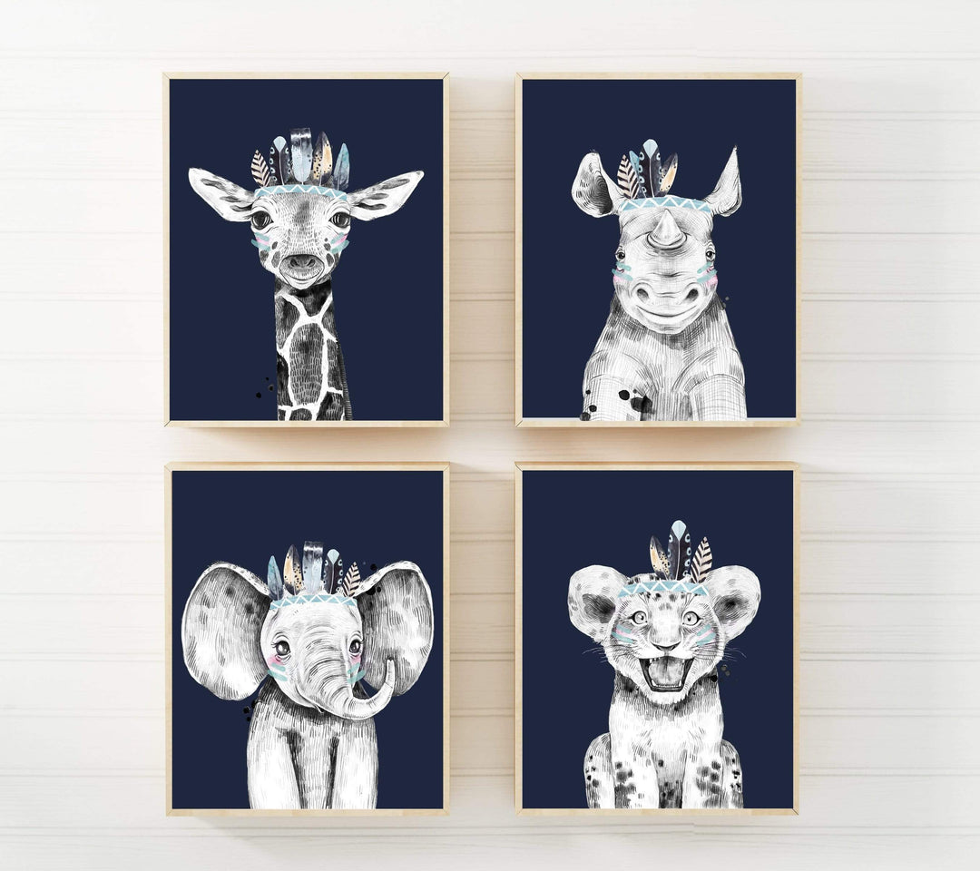 Safari nursery prints - Animal art print - Safari animal prints - Navy nursery - Tribal animal print nursery - Baby Boys Nursery Art - H1627 nursery art print baby nursery bedroom decor