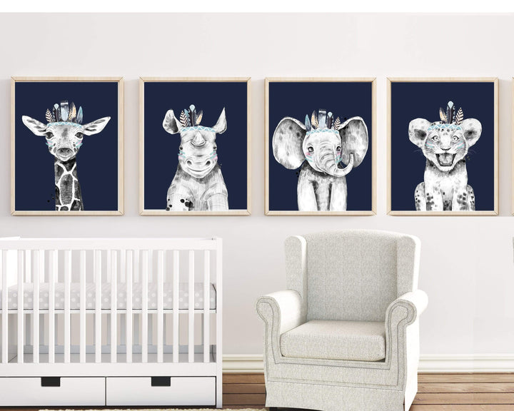 Safari nursery prints - Animal art print - Safari animal prints - Navy nursery - Tribal animal print nursery - Baby Boys Nursery Art - H1627 nursery art print baby nursery bedroom decor