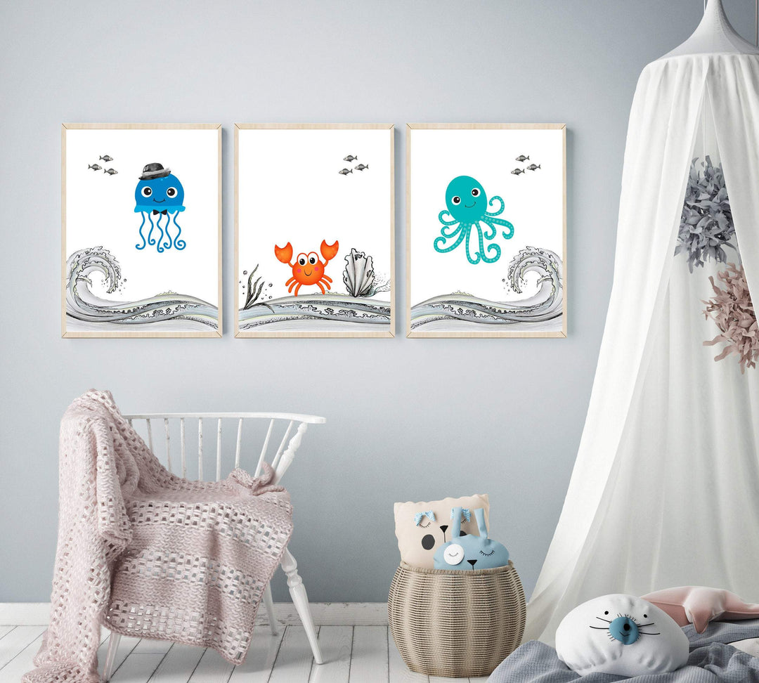 Sea creatures nursery prints | Set of 3 Ocean animal prints nursery art print baby nursery bedroom decor