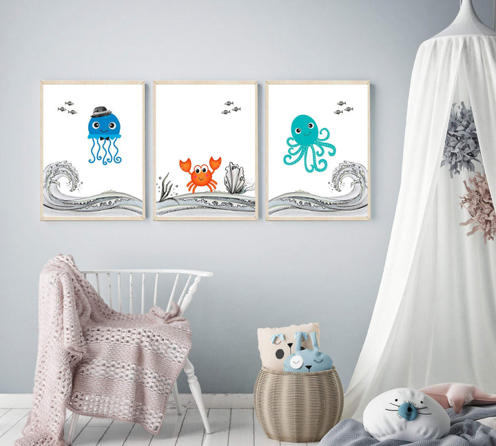 Sea creatures nursery prints | Set of 3 Ocean animal prints nursery art print baby nursery bedroom decor