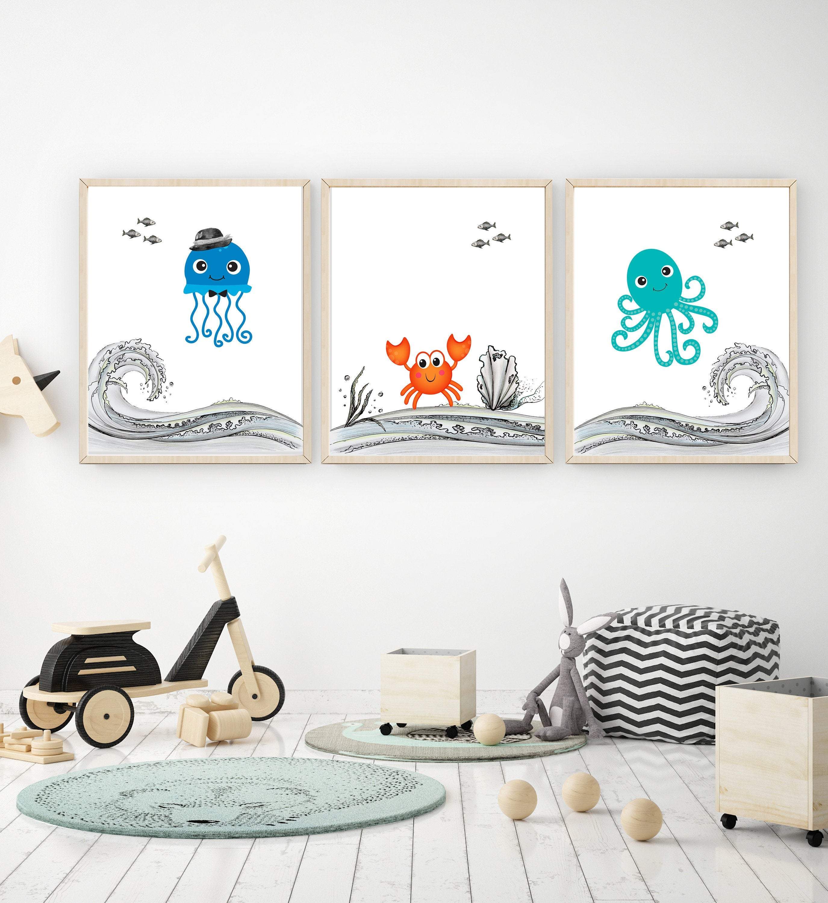 Sea creatures nursery prints | Set of 3 Ocean animal prints nursery art print baby nursery bedroom decor