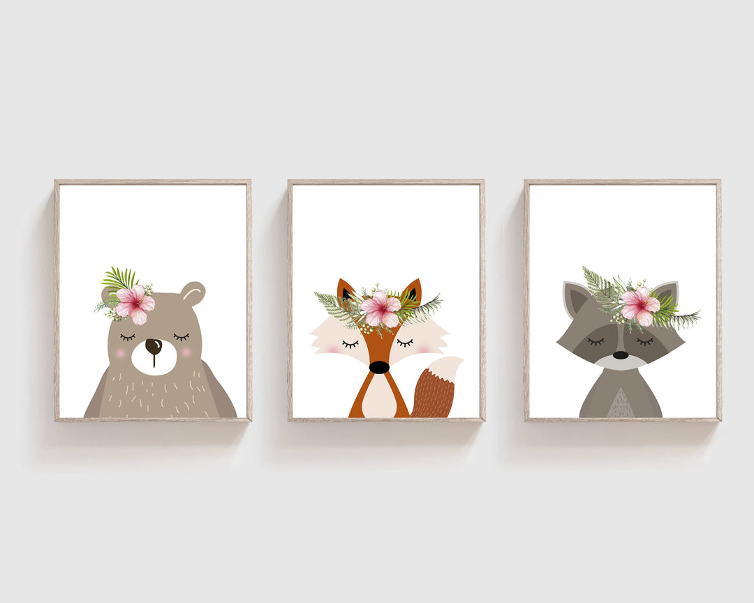 Set of 3 prints - woodland animal prints - Printable nursery - Woodland creatures - Girls nursery decor - Nursery wall art - Flower crown nursery art print baby nursery bedroom decor