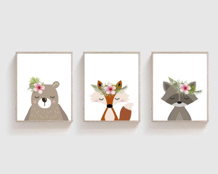 Set of 3 prints - woodland animal prints - Printable nursery - Woodland creatures - Girls nursery decor - Nursery wall art - Flower crown nursery art print baby nursery bedroom decor