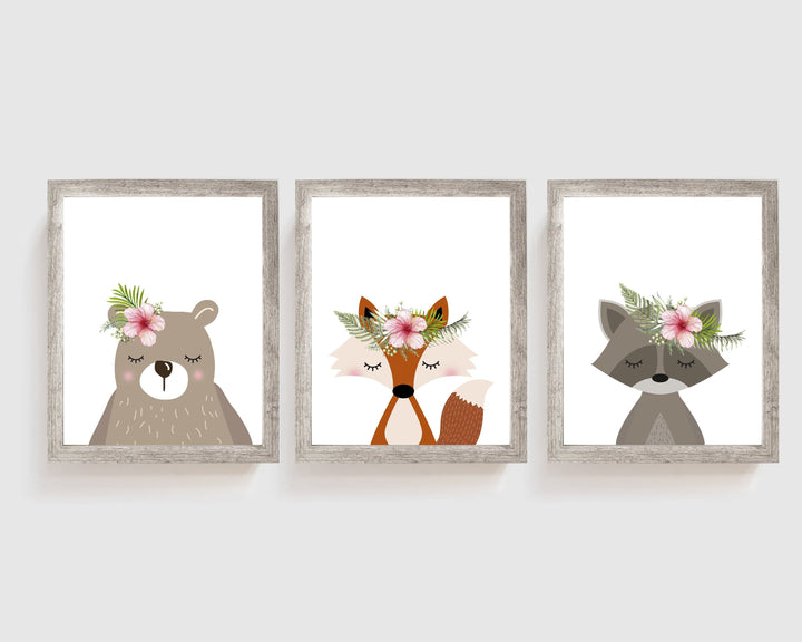 Set of 3 prints - woodland animal prints - Printable nursery - Woodland creatures - Girls nursery decor - Nursery wall art - Flower crown nursery art print baby nursery bedroom decor