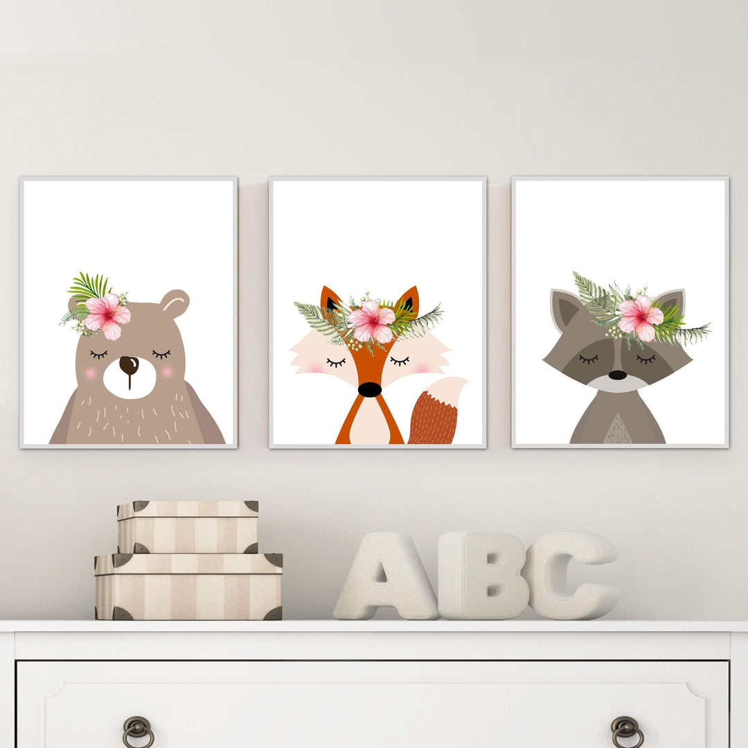 Set of 3 prints - woodland animal prints - Printable nursery - Woodland creatures - Girls nursery decor - Nursery wall art - Flower crown nursery art print baby nursery bedroom decor