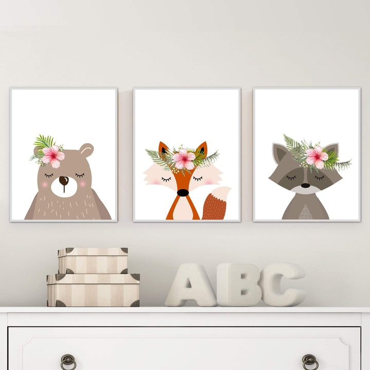 Set of 3 prints - woodland animal prints - Printable nursery - Woodland creatures - Girls nursery decor - Nursery wall art - Flower crown nursery art print baby nursery bedroom decor