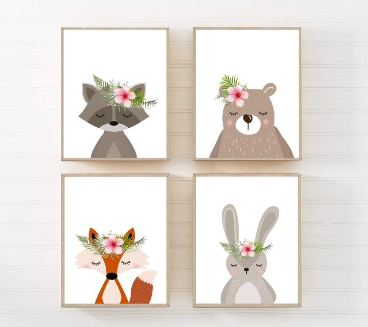 Set of 4 prints - woodland animal prints - Printable nursery - Woodland creatures - Girls nursery decor - Nursery wall art - Flower crown nursery art print baby nursery bedroom decor