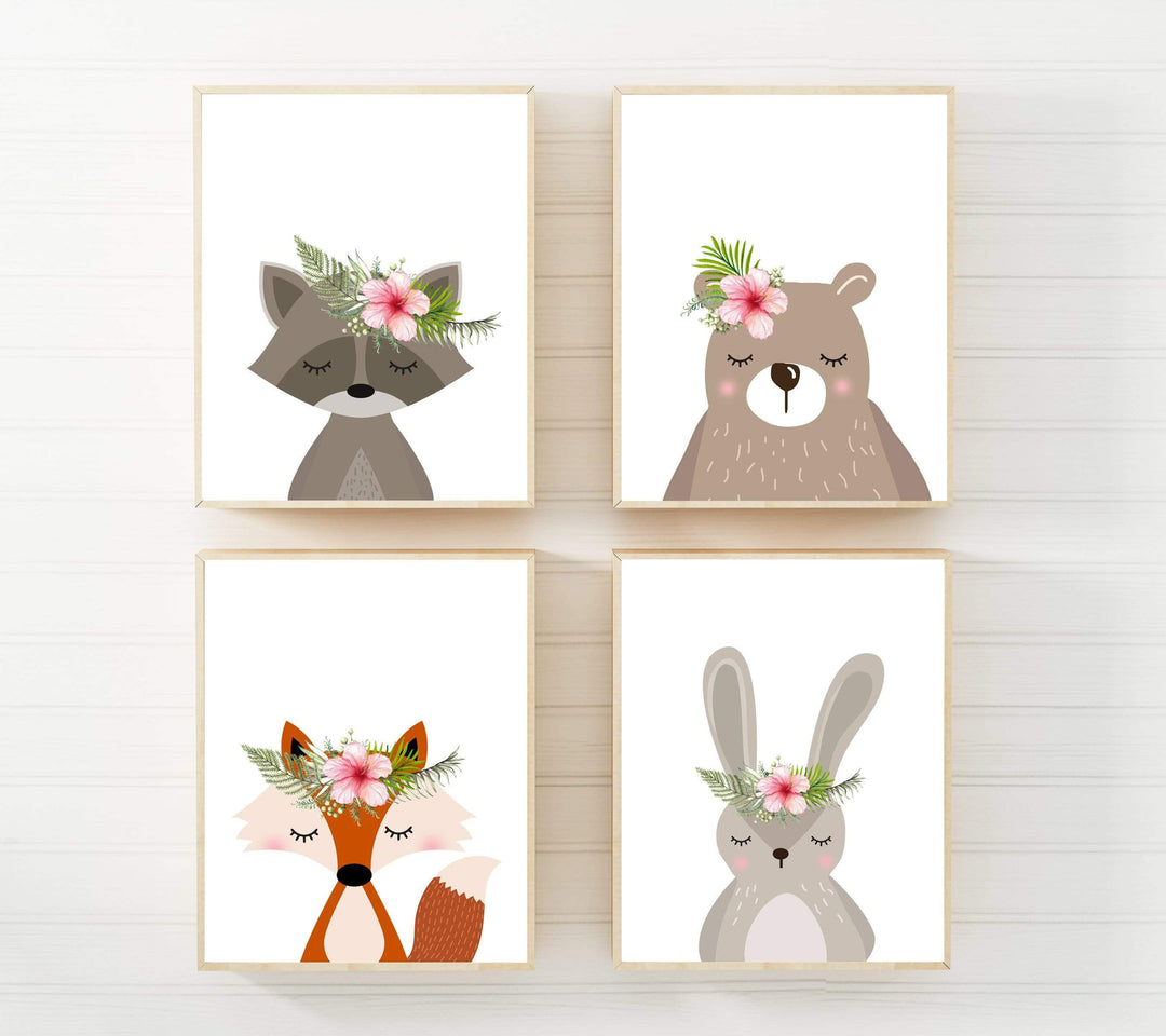 Set of 4 prints - woodland animal prints - Printable nursery - Woodland creatures - Girls nursery decor - Nursery wall art - Flower crown nursery art print baby nursery bedroom decor