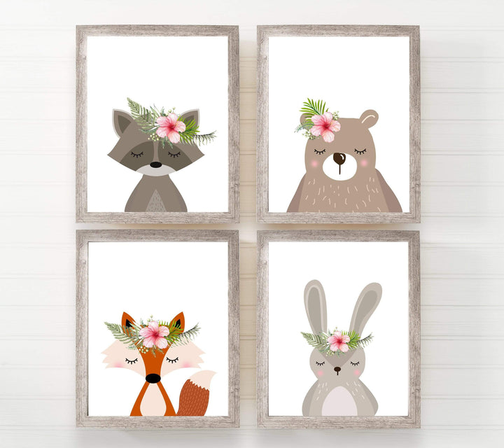 Set of 4 prints - woodland animal prints - Printable nursery - Woodland creatures - Girls nursery decor - Nursery wall art - Flower crown nursery art print baby nursery bedroom decor