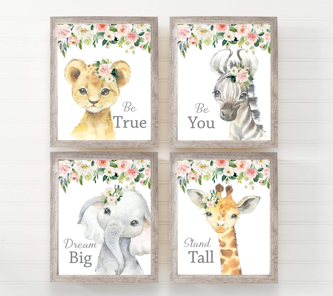 Shabby chic nursery - Pink floral wall art - Watercolor safari animals - Blush pink flowers - nursery wall printables - set of 4 nursery art print baby nursery bedroom decor