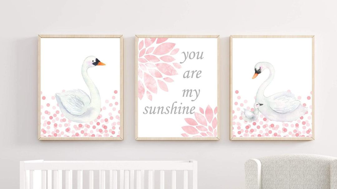 Swan Wall Art Print Set, Baby Girl Nursery Decor, Suits Pink and White Nursery, Girls Bedroom Wall Art, Set of 3 prints, Unframed - H576 nursery art print baby nursery bedroom decor