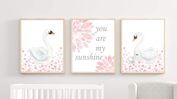 Swan Wall Art Print Set, Baby Girl Nursery Decor, Suits Pink and White Nursery, Girls Bedroom Wall Art, Set of 3 prints, Unframed - H576 nursery art print baby nursery bedroom decor