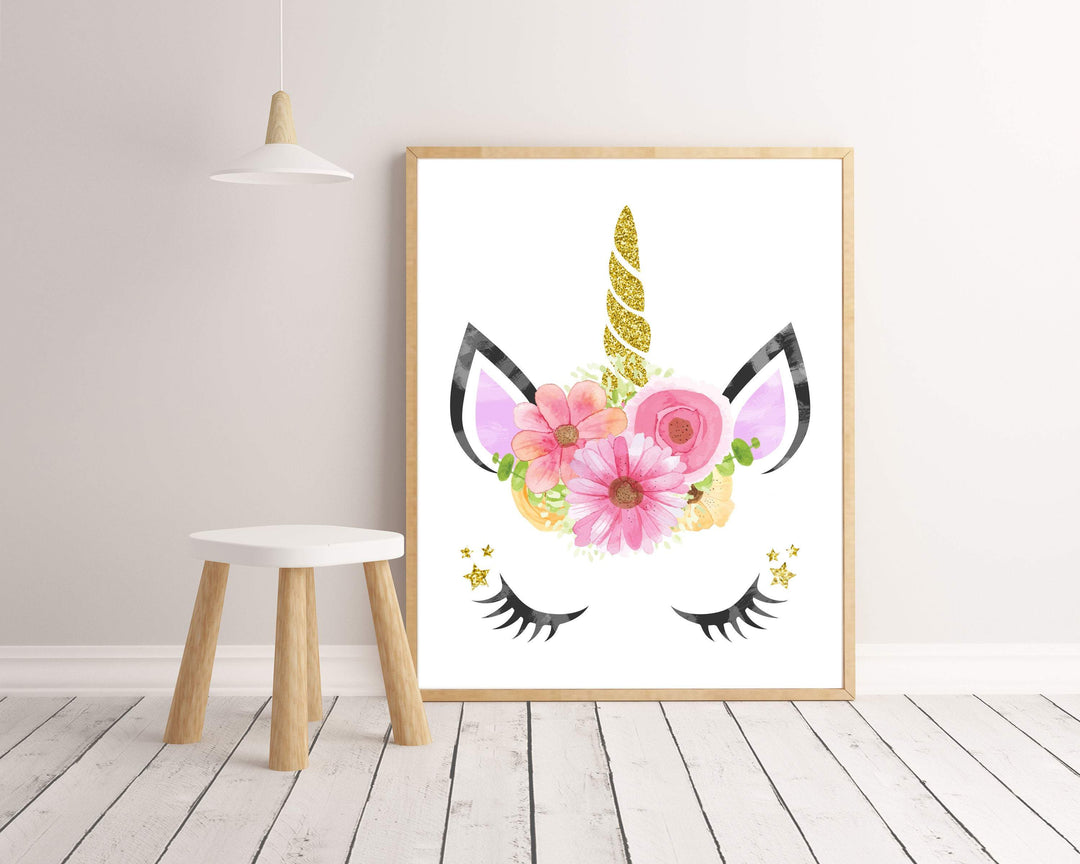 Unicorn Face Wall Art,  Unicorn Wall Art,  Unicorn Printable, Unicorn Nursery Decor, Gold Glitter, 1 - 8x10" Digital Instant Download -H1148 nursery art print baby nursery bedroom decor
