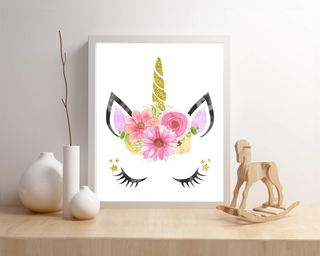 Unicorn Face Wall Art,  Unicorn Wall Art,  Unicorn Printable, Unicorn Nursery Decor, Gold Glitter, 1 - 8x10" Digital Instant Download -H1148 nursery art print baby nursery bedroom decor