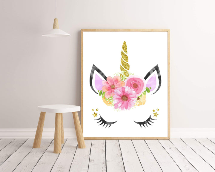 Unicorn face with Flower Crown Wall Art nursery art print baby nursery bedroom decor
