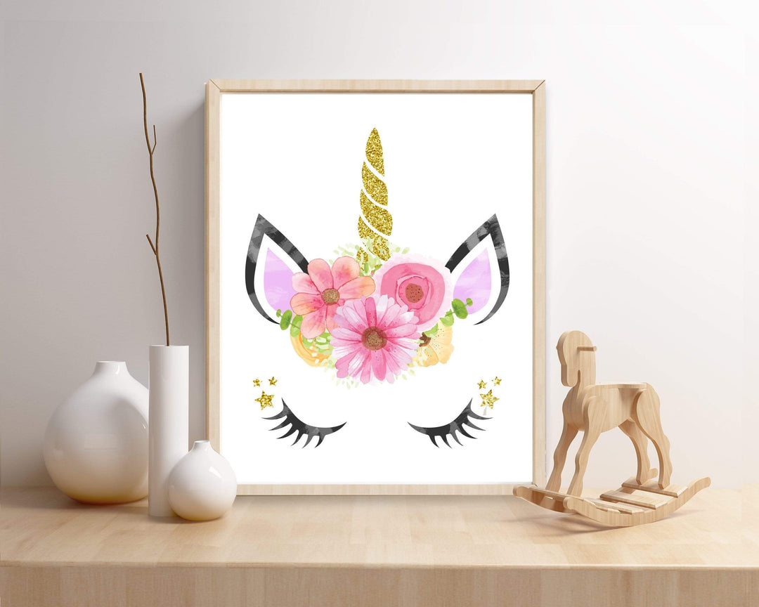 Unicorn face with Flower Crown Wall Art nursery art print baby nursery bedroom decor