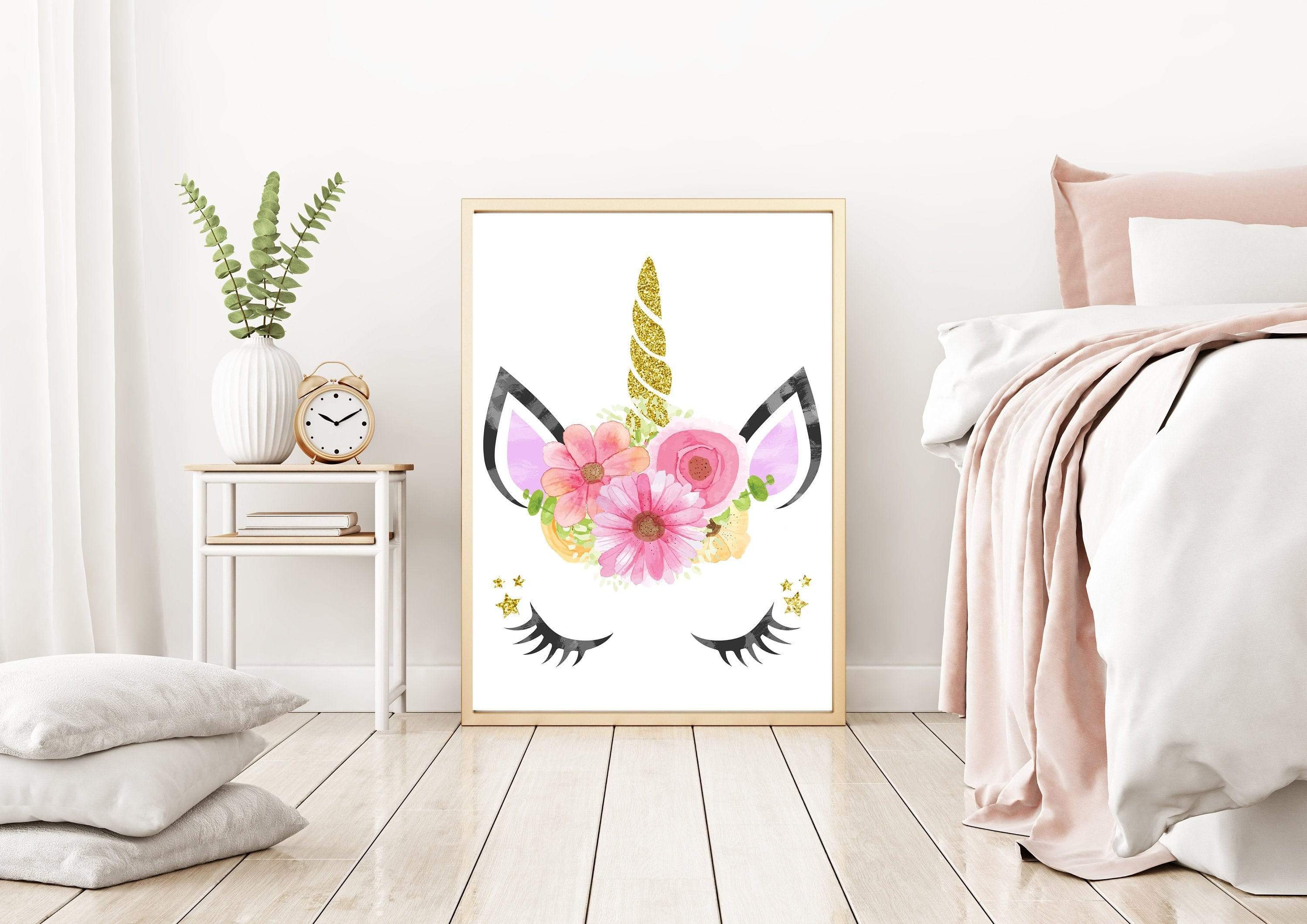 Unicorn face with Flower Crown Wall Art nursery art print baby nursery bedroom decor