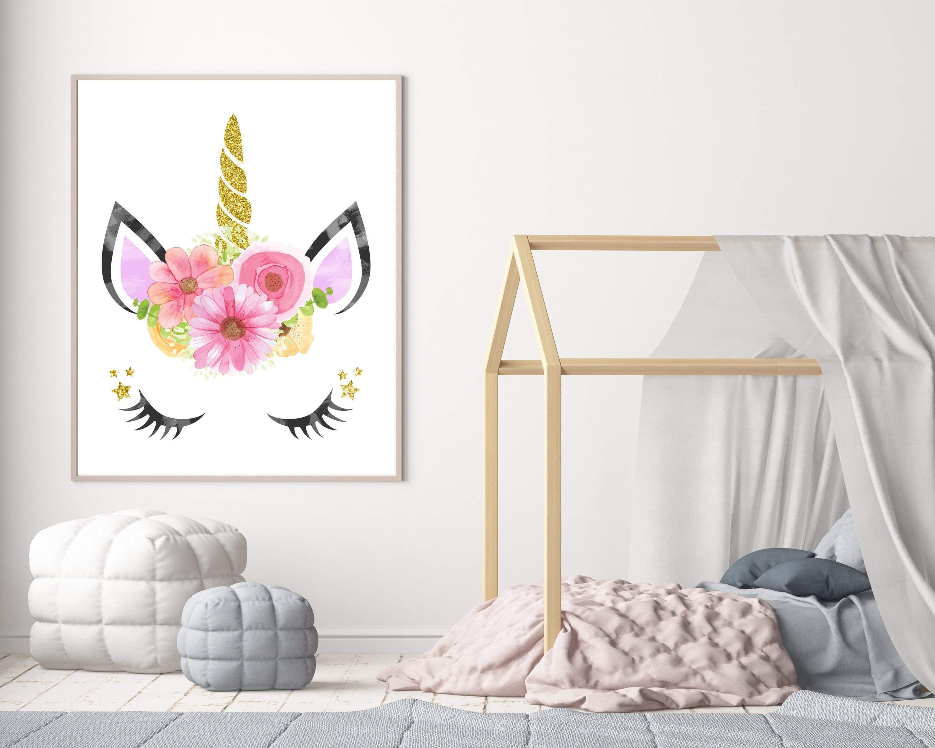 Unicorn face with Flower Crown Wall Art nursery art print baby nursery bedroom decor